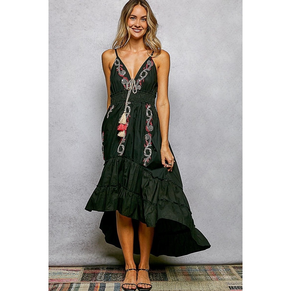 POL Embroidered Detail Tassel Tie Smocked Waist Midi Tiered‎ Cami Dress - Small